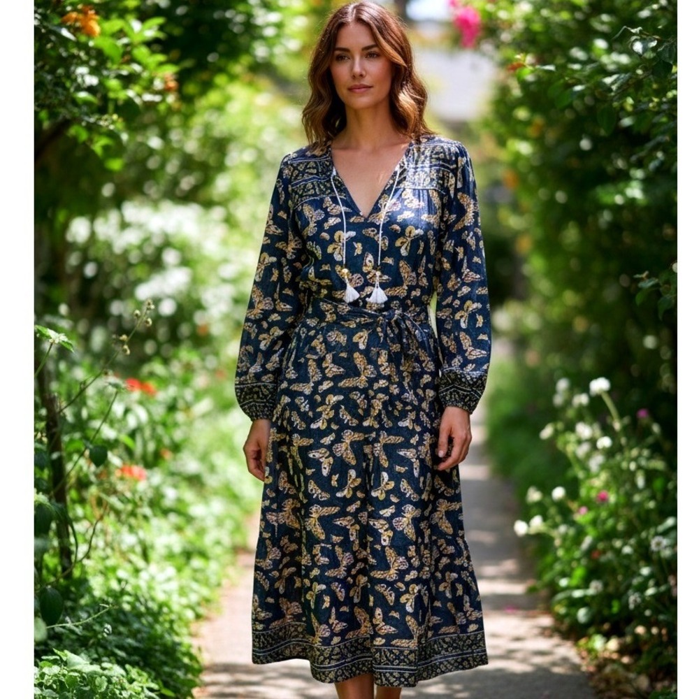 Bell by Alicia Bell Butterfly Midi Dress SZ SM Blue Silk Cotton wide fabric Belt